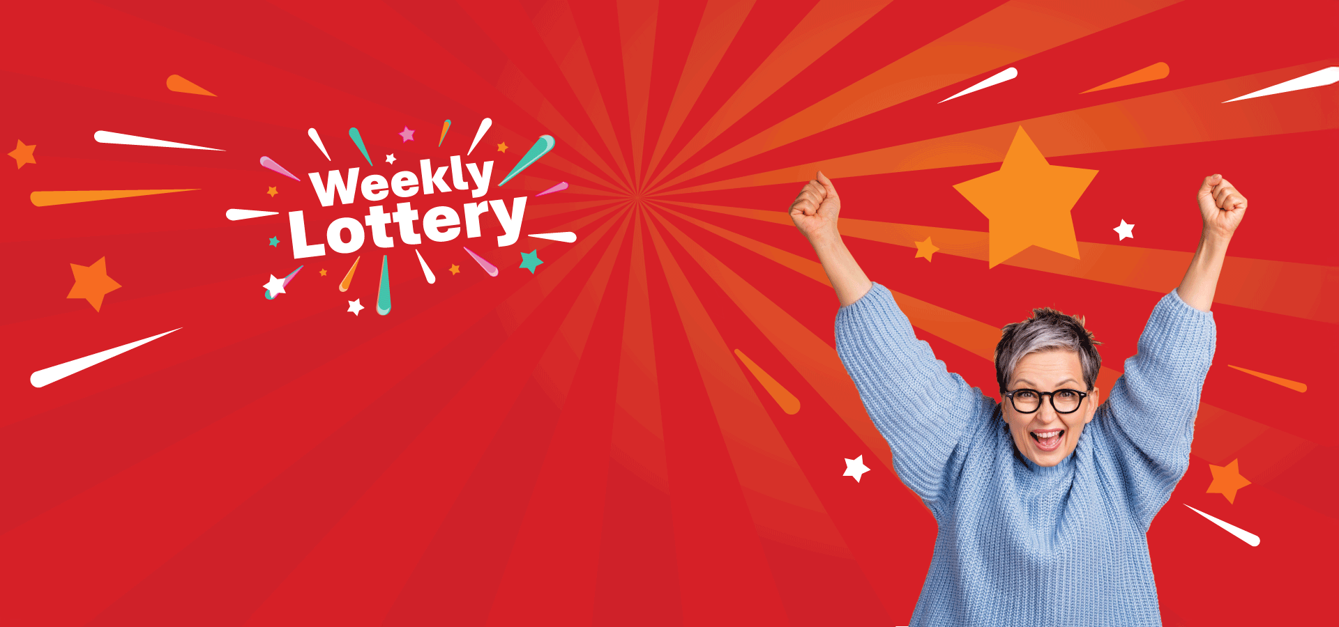Woman in light blue jumper wearing black rounder glasses with her arms up in the air appearing to cheer, on the left a graphic in white text that reads 'Weekly Lottery' with white, pink and green splats around the text.