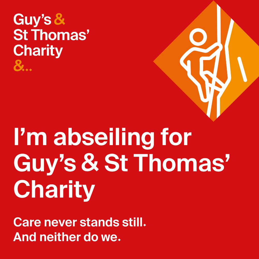 Red background, top right is a graphic of a person abseiling against an orange background. In white text it reads 