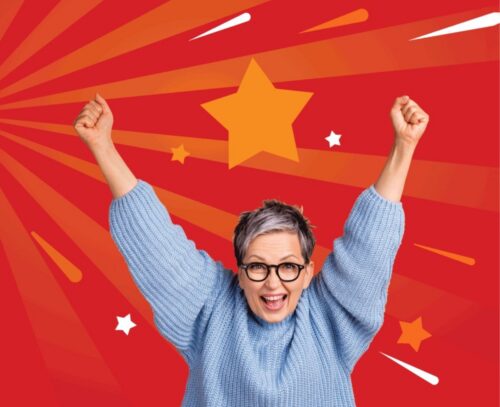 A women in a blue jumper with her arms up in the air and appears to be cheering happily. Behind her in graphics is multiple orange and white stars and shoots coming from them.